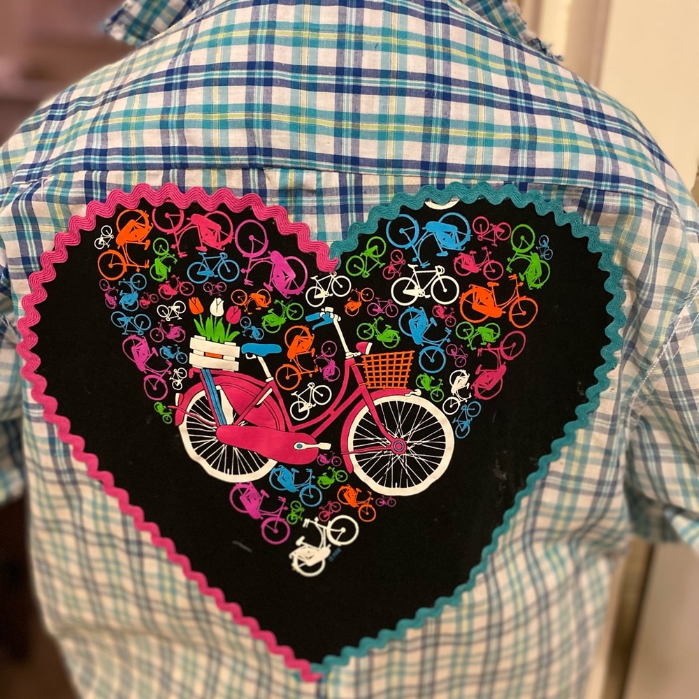 Upcycled  shirt. Blue plaid with peace sign emblem